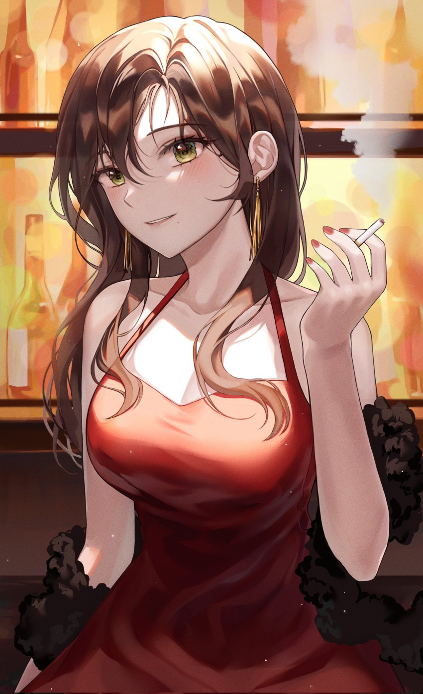1girl, bangs, bar_(place), blush, bottle, breasts, brown_hair, cigarette, dress, fur_(clothing), hair_between_eyes, halter_dress, halterneck, highres, holding, holding_cigarette, large_breasts, long_hair, looking_at_viewer, mole, mole_under_mouth, monjja, original, parted_lips, red_dress, red_nails, sleeveless, sleeveless_dress, smile, smoke, solo, upper_body, yellow_eyes
