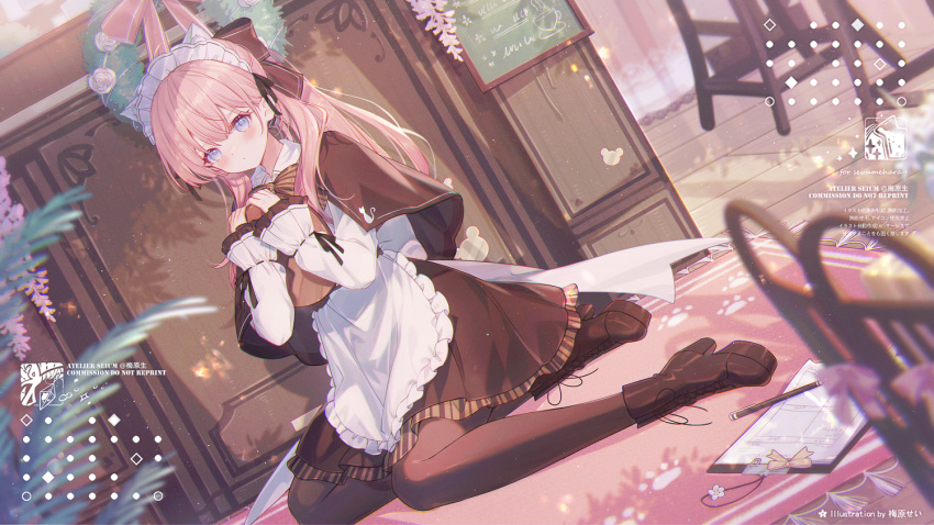 1girl, animal_ear_fluff, animal_ears, animal_print, apron, bangs, blurry, blush, bow, bowtie, broom, brown_bow, brown_bowtie, brown_footwear, brown_pantyhose, capelet, cat_ears, cat_print, chair, closed_mouth, commentary, commission, depth_of_field, english_text, hair_between_eyes, hair_bow, holding, holding_tray, houki_(majo_no_tabitabi), indoors, long_hair, long_sleeves, looking_at_viewer, maid, maid_apron, maid_headdress, majo_no_tabitabi, own_hands_together, pantyhose, pen, pink_hair, pixiv_commission, sitting, sleeves_past_wrists, solo, striped, striped_bow, striped_bowtie, tray, umehara_sei, violet_eyes, wariza