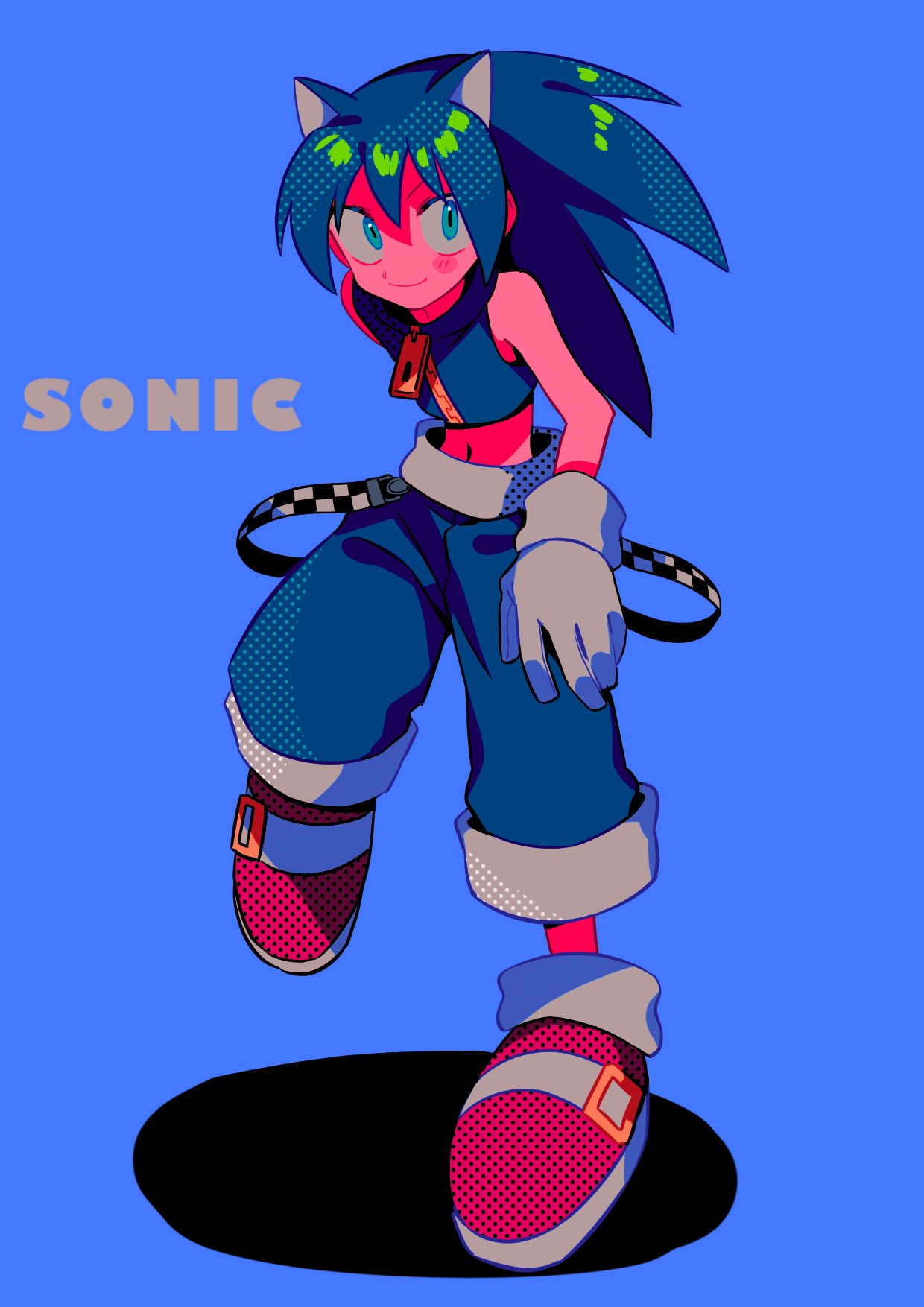 alternate_eye_color, animal_ears, bangs, bare_shoulders, belt, black_belt, blue_background, blue_eyes