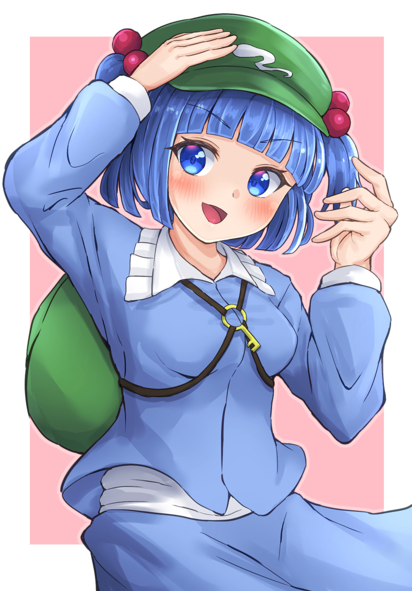 1girl, :d, arm_up, backpack, bag, bangs, blue_eyes, blue_hair