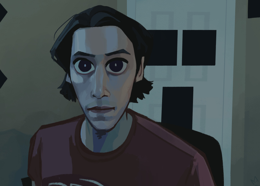 1boy, absurdres, black_eyes, bright_pupils, brown_hair, dark_room, door, english_commentary