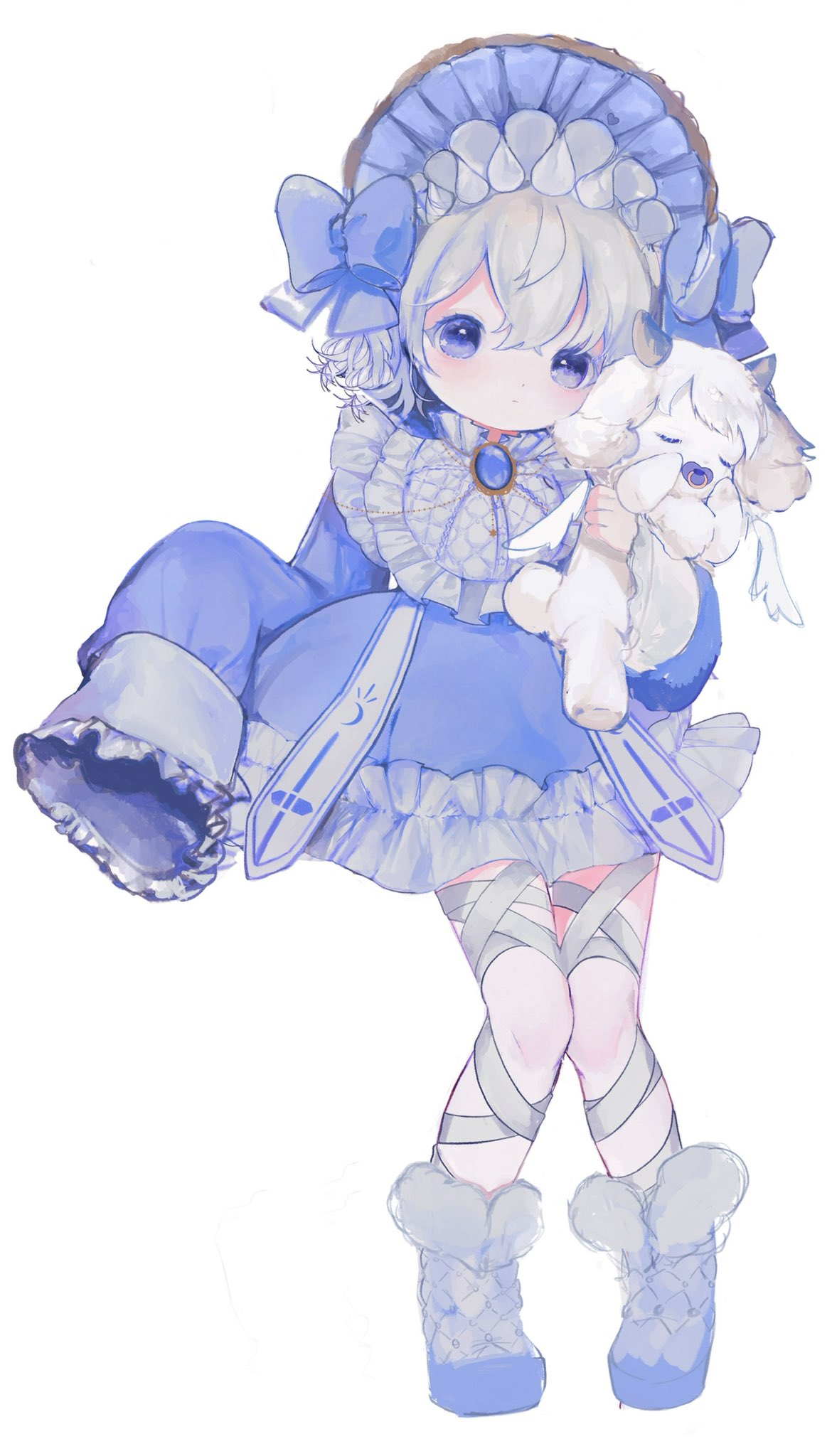 1girl, blue_bow, blue_eyes, blush, bonnet, boots, bow, brooch