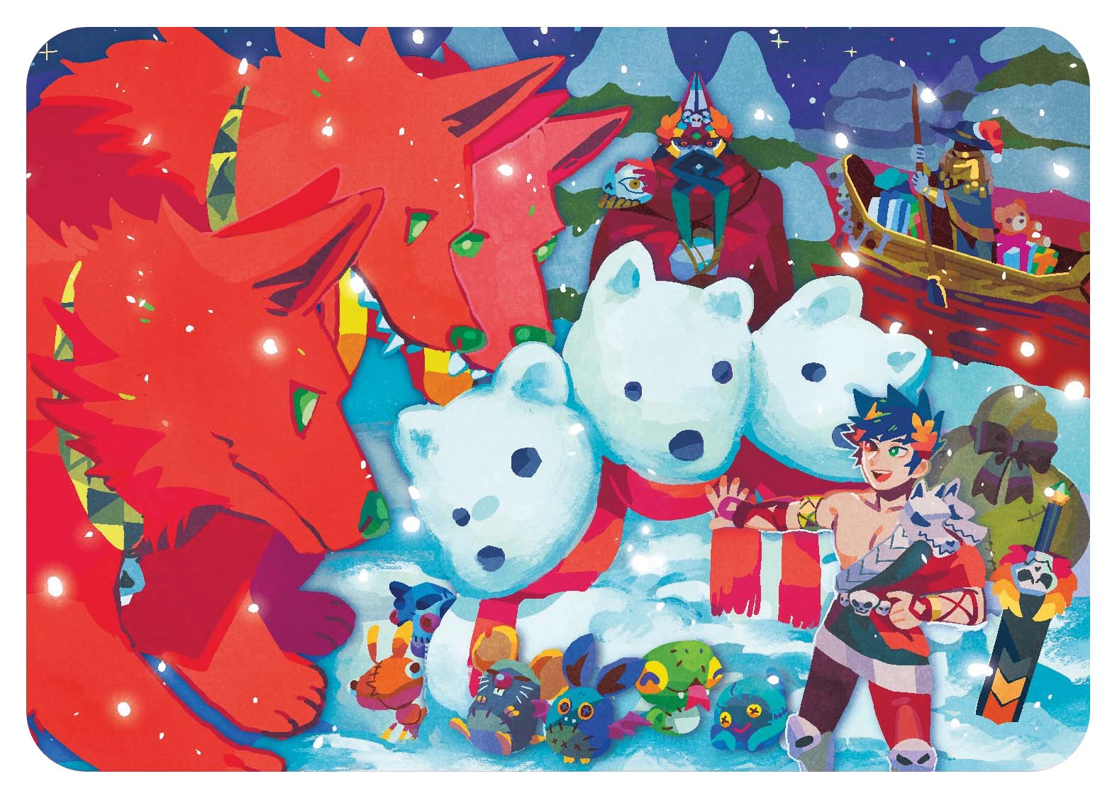 3boys, black_hair, black_sclera, boat, cerberus_(hades), charon_(hades), christmas, christmas_present