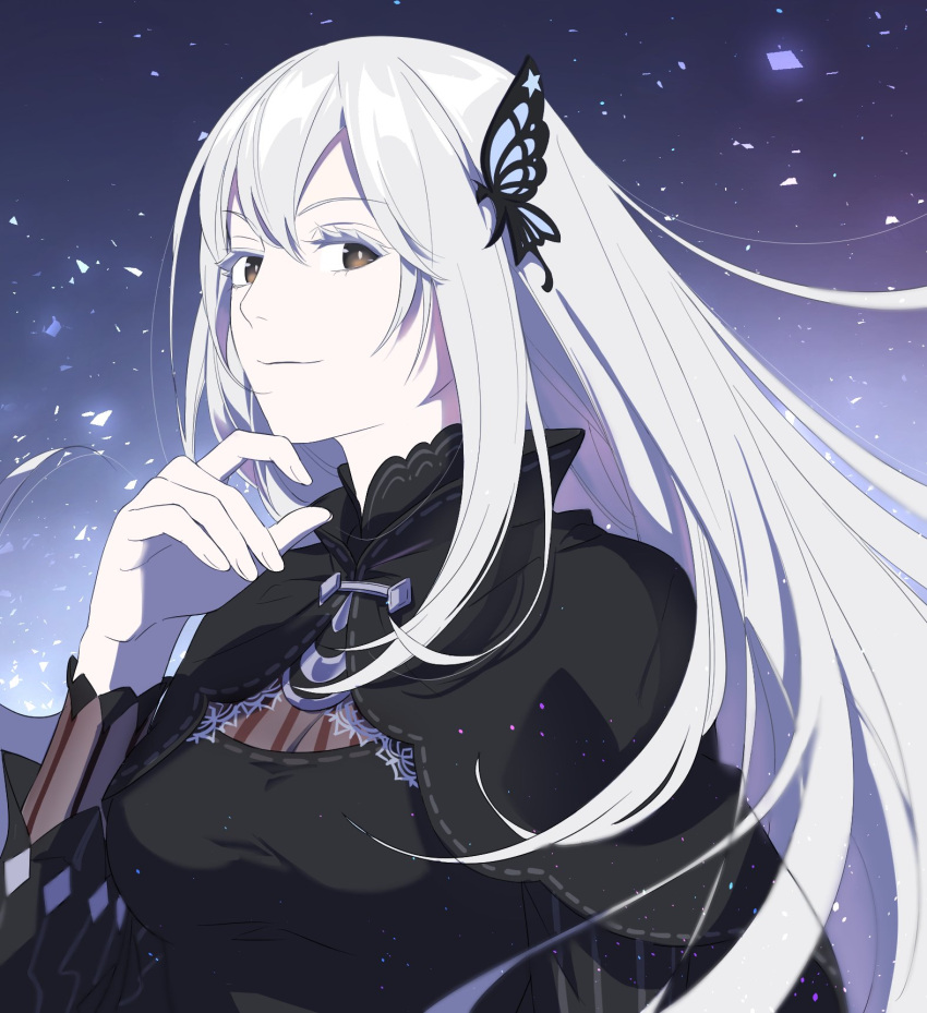1girl, bangs, black_capelet, black_dress, bright_pupils, butterfly_hair_ornament, capelet, dress