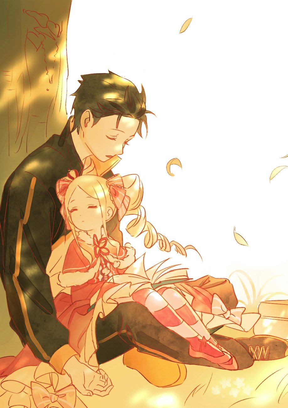 1boy, 1girl, against_tree, bangs, beatrice_(re:zero), black_footwear, black_hair, black_jacket