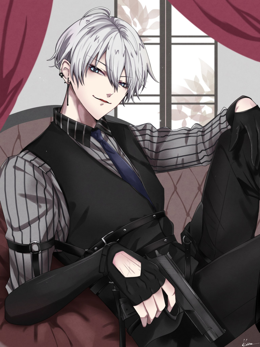 1boy, ahoge, belt, black_gloves, black_pants, blue_eyes, blue_necktie, commentary_request