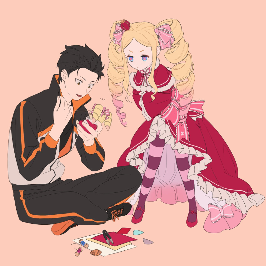 1boy, 1girl, bangs, beatrice_(re:zero), black_footwear, black_hair, black_jacket, black_pants