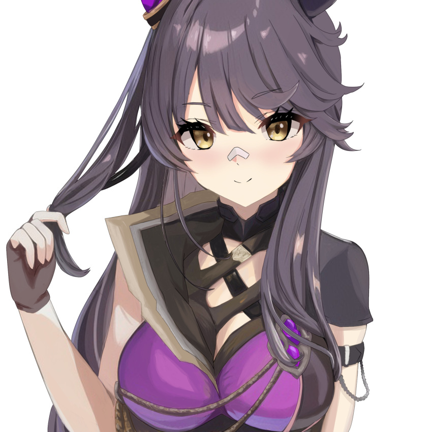 1girl, animal_ears, bandaid, bandaid_on_face, bandaid_on_nose, black_hair, breasts, brown_gloves, closed_mouth, dress, ear_ornament, fingerless_gloves, gloves, highres, horse_ears, horse_girl, itsukawa_kamieshi, large_breasts, long_hair, looking_at_viewer, narita_brian_(hungry_wolves)_(umamusume), narita_brian_(umamusume), official_alternate_costume, purple_dress, short_sleeves, simple_background, smile, solo, umamusume, upper_body, very_long_hair, white_background, yellow_eyes