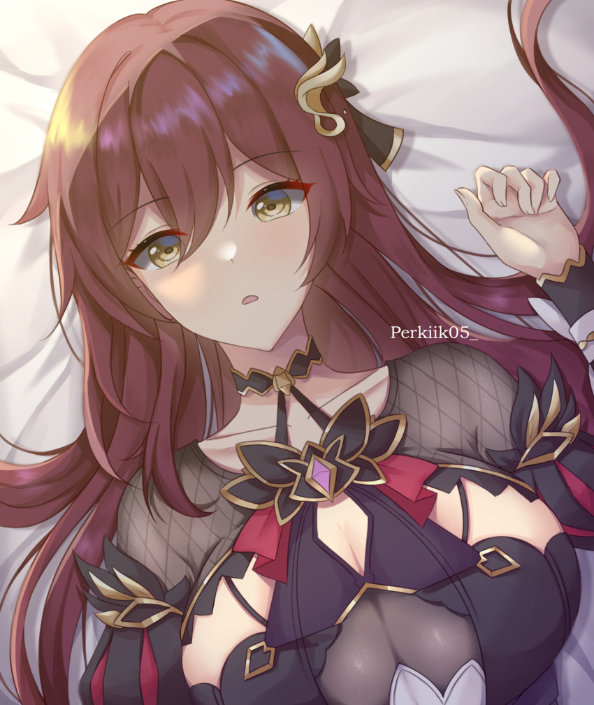 1girl, :o, artist_name, bangs, bed, breasts, cleavage, close-up