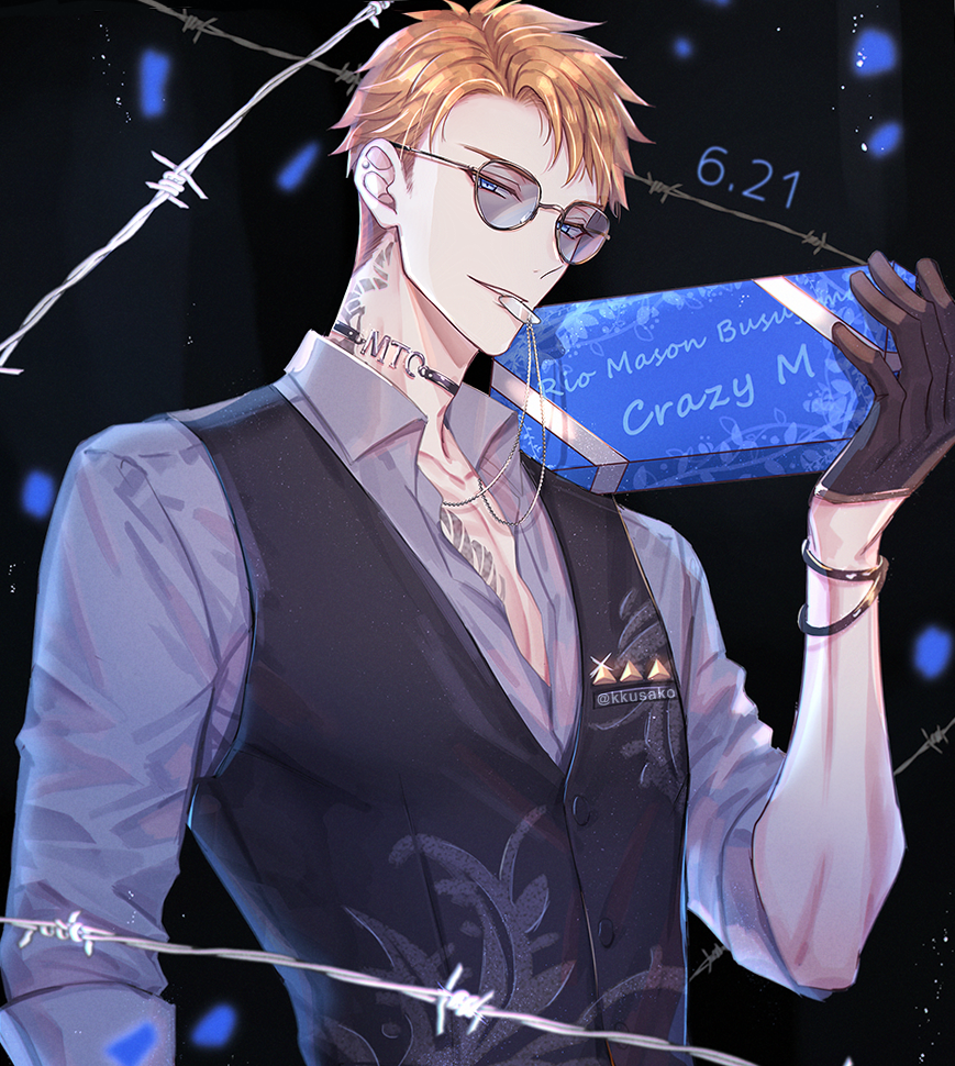 1boy, artist_name, bangs, barbed_wire, black_background, black_choker, black_gloves, black_vest