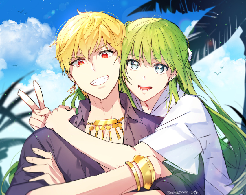 1boy, 1other, androgynous, artist_name, bangs, bird, blonde_hair, blue_sky
