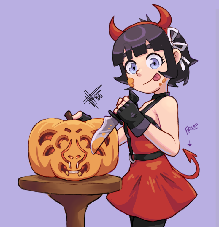 1girl, :p, artist_name, azazel_(helltaker), bangs, black_choker, black_gloves, black_hair