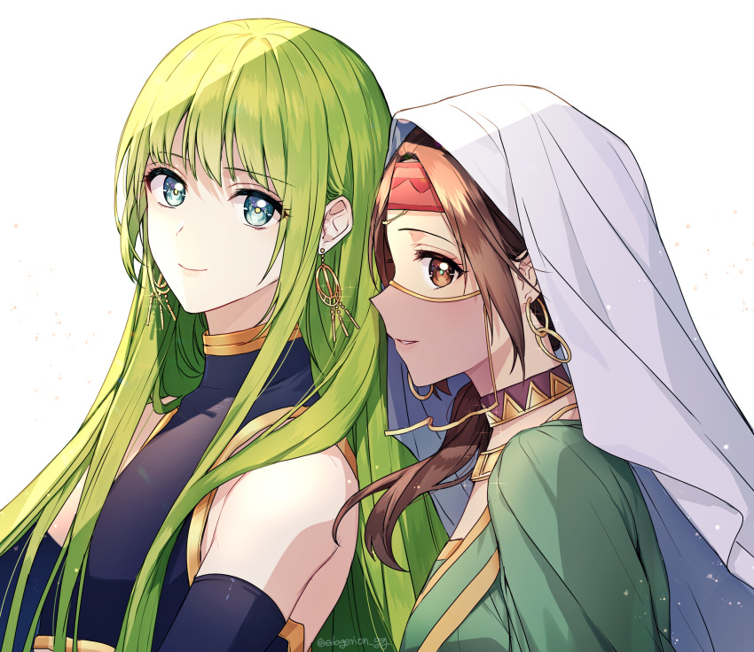 1girl, 1other, androgynous, arabian_clothes, artist_name, bangs, bare_shoulders, black_gloves, black_shirt, blush, brown_eyes, brown_hair, closed_mouth, commentary, earrings, ede, elbow_gloves, enkidu_(fate), eyelashes, fate/grand_order, fate_(series), fingerless_gloves, gloves, gold_earrings, gold_trim, green_eyes, green_hair, hair_over_shoulder, headband, highres, hoop_earrings, jewelry, light_particles, long_hair, looking_at_viewer, low_ponytail, mouth_veil, neck_ring, necklace, parted_bangs, parted_lips, ponytail, profile, red_headband, see-through, shirt, sidelocks, sideways_glance, siduri_(fate), simple_background, sleeveless, sleeveless_shirt, smile, turtleneck, twitter_username, upper_body, veil, white_background, white_hood