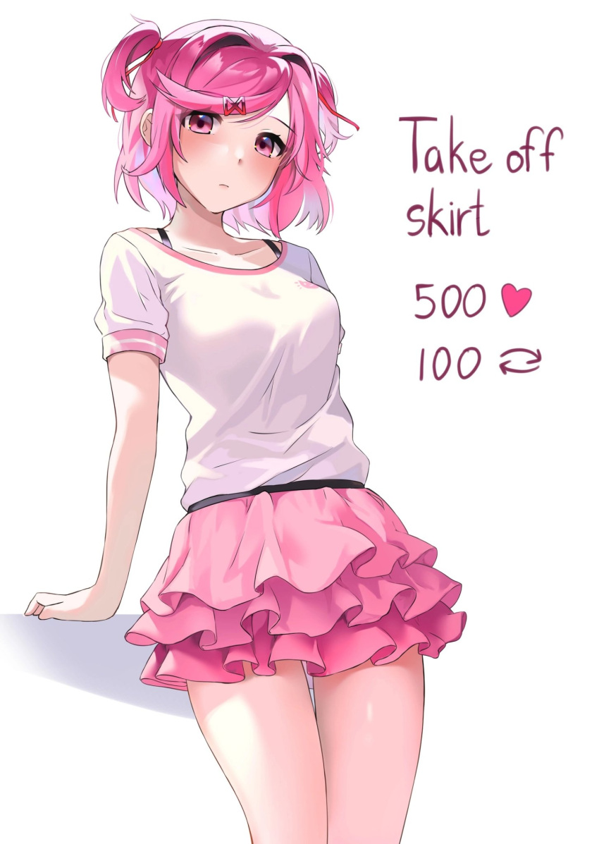 1girl, arm_support, blush, bob_cut, bra_strap, breasts, casual, cat_symbol, commentary, cowboy_shot, doki_doki_literature_club, english_commentary, english_text, expressionless, frilled_skirt, frills, hair_intakes, hair_ornament, hair_ribbon, highres, leaning_back, like_and_retweet, looking_at_viewer, machulanko, medium_breasts, meme, miniskirt, natsuki_(doki_doki_literature_club), pink_eyes, pink_skirt, red_ribbon, ribbon, shirt, short_hair, short_sleeves, skirt, solo, standing, t-shirt, twitter_strip_game_(meme), two_side_up, white_background, white_shirt, x_hair_ornament