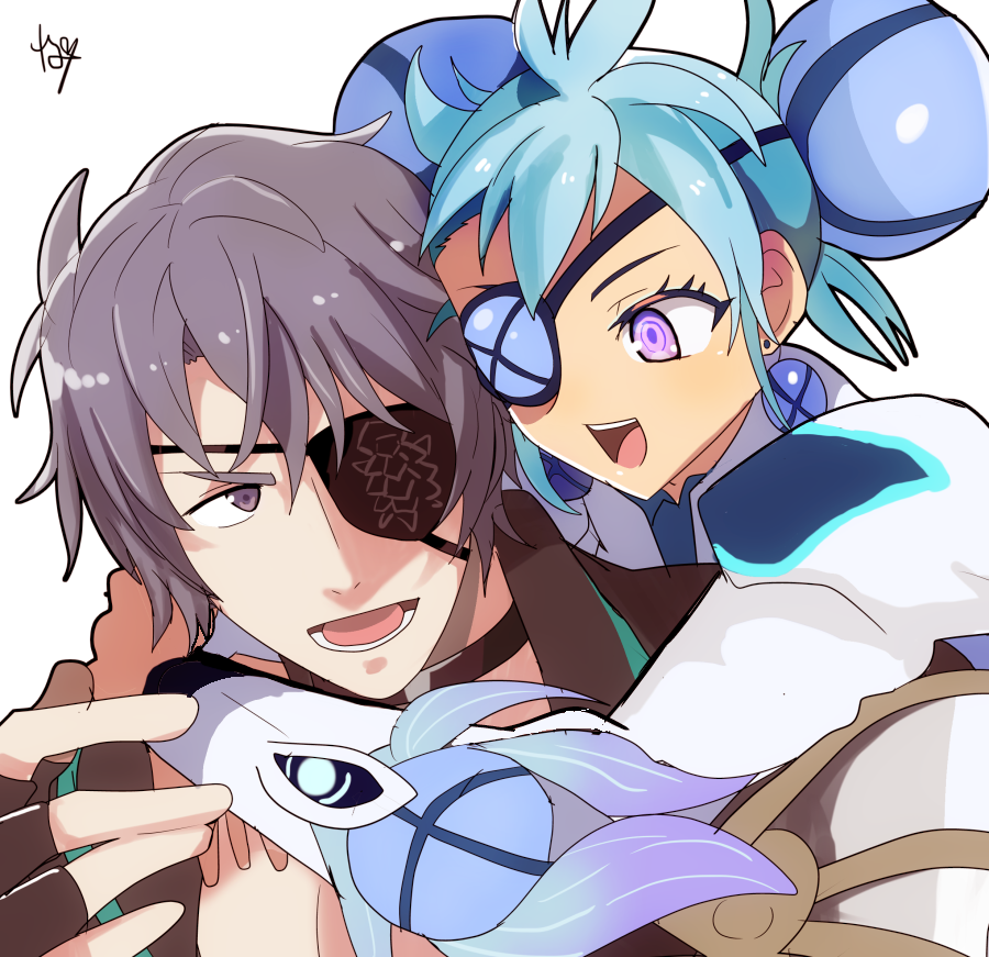 1boy, 1girl, :d, blue_hair, brown_gloves, dark-skinned_female, dark_skin, double_bun