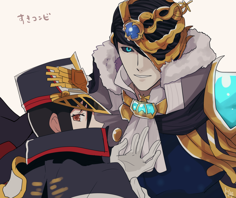 1boy, 1girl, black_coat, black_sclera, blue_eyes, brown_eyes, brown_hair, closed_mouth, coat, colored_sclera, dagas_(xenoblade), gloves, hat, long_sleeves, looking_at_viewer, looking_back, military, military_hat, military_uniform, morag_ladair_(xenoblade), rem_(eyes_410), simple_background, smile, uniform, upper_body, white_background, white_gloves, xenoblade_chronicles_(series), xenoblade_chronicles_2