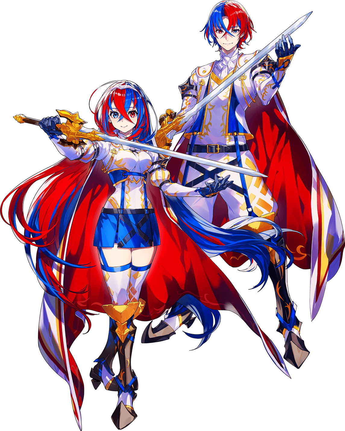 1boy, 1girl, alear_(fire_emblem), alear_(fire_emblem)_(female), alear_(fire_emblem)_(male), blue_eyes, blue_hair, cape, fire_emblem, fire_emblem_engage, heterochromia, highres, holding, holding_sword, holding_weapon, long_hair, medium_hair, mika_pikazo, multicolored_hair, official_art, red_eyes, redhead, sword, tachi-e, transparent_background, weapon