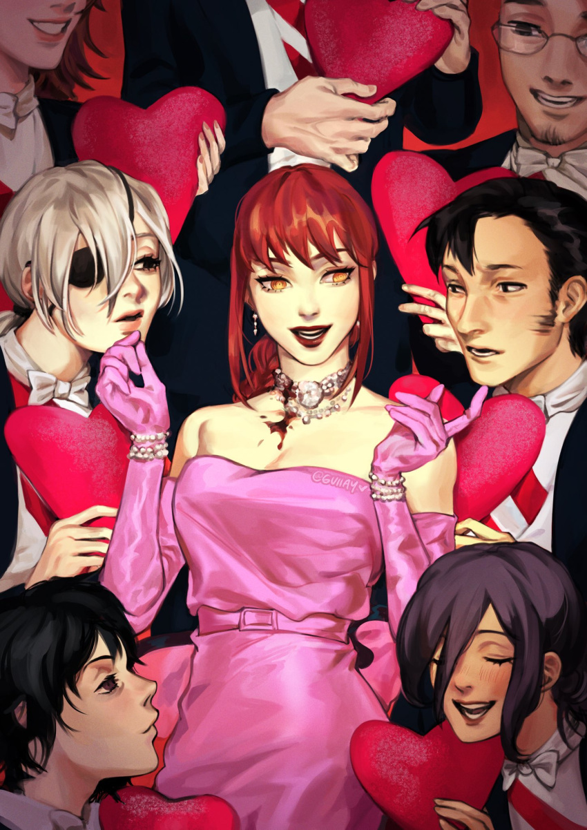 bangs, black_hair, black_jacket, blood, blood_on_chest, blush, bow, bowtie