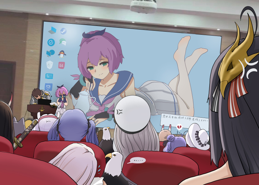 ..., 1boy, 6+girls, absurdres, anchor_symbol, anger_vein, animal_ears, ayanami_(azur_lane), azur_lane, broken_heart, character_request, chaye_mo, chinese_commentary, commander_(azur_lane), covering_face, enterprise_(azur_lane), essex_(azur_lane), grim_(azur_lane), hat, highres, holding, holding_sword, holding_weapon, illustrious_(azur_lane), javelin_(azur_lane), katana, laffey_(azur_lane), meme, military, military_uniform, multiple_girls, noshiro_(azur_lane), photo-referenced, scene_reference, sword, taihou_(azur_lane), twintails, unicorn_(azur_lane), uniform, weapon, yorktown_(azur_lane)