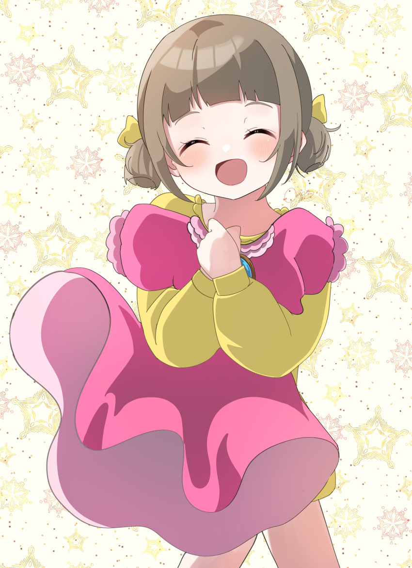 1girl, absurdres, aged_down, blush, bow, closed_eyes, commentary_request, dress