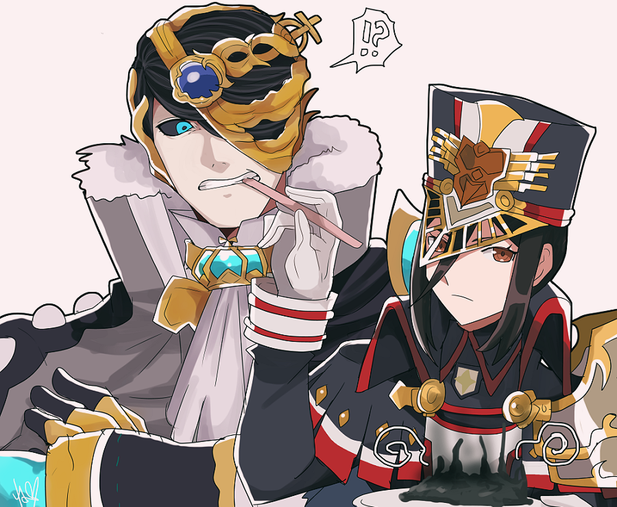 !?, 1boy, 1girl, bad_food, bangs, black_coat, black_gloves, black_sclera