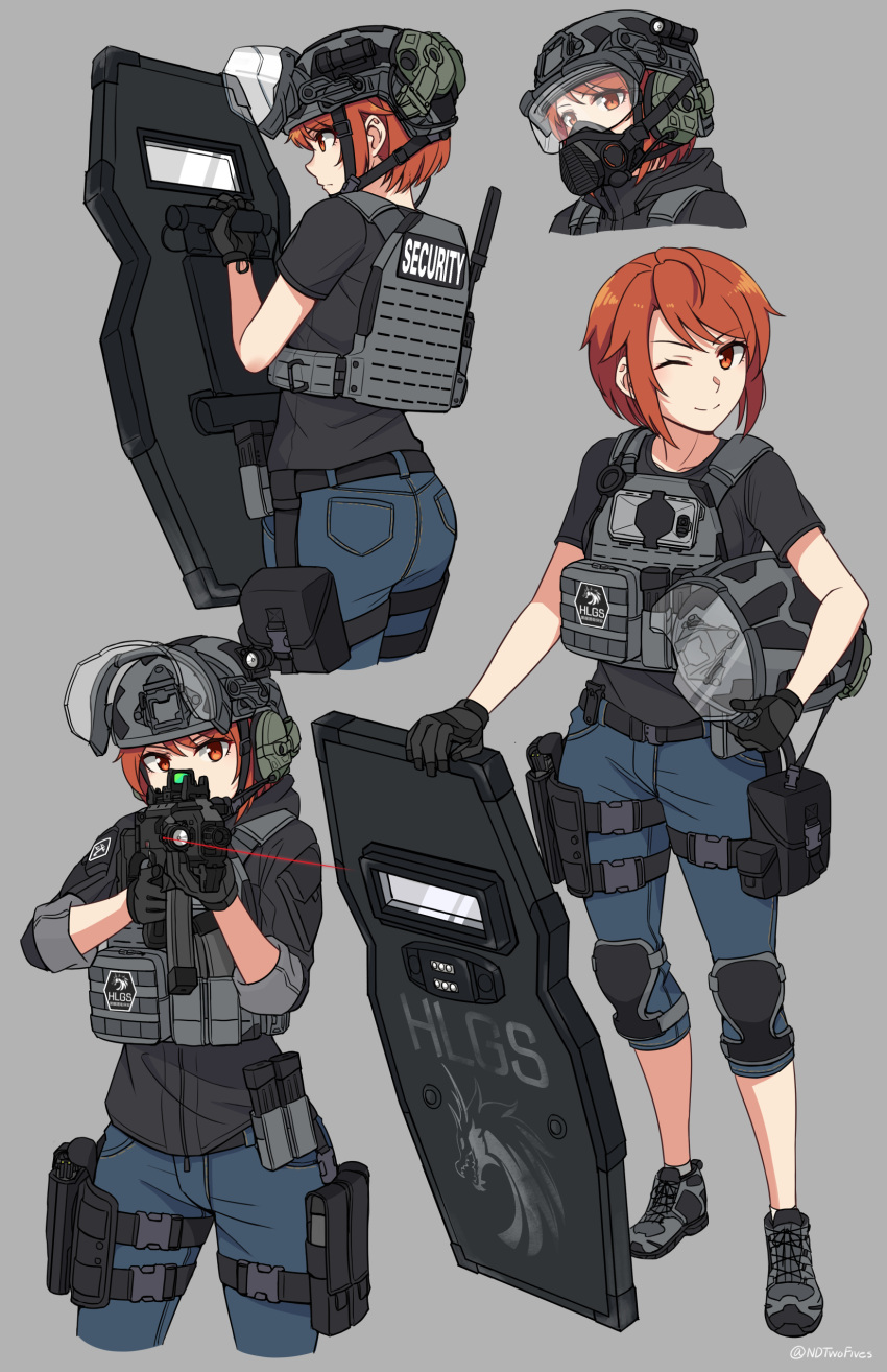 1girl, ;), absurdres, ass, bangs, black_shirt, blue_pants, brown_hair