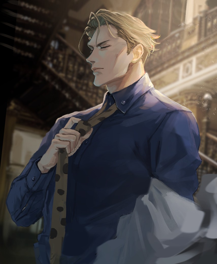 1boy, adjusting_clothes, adjusting_necktie, animal_print, blonde_hair, blue_shirt, closed_eyes, collared_shirt