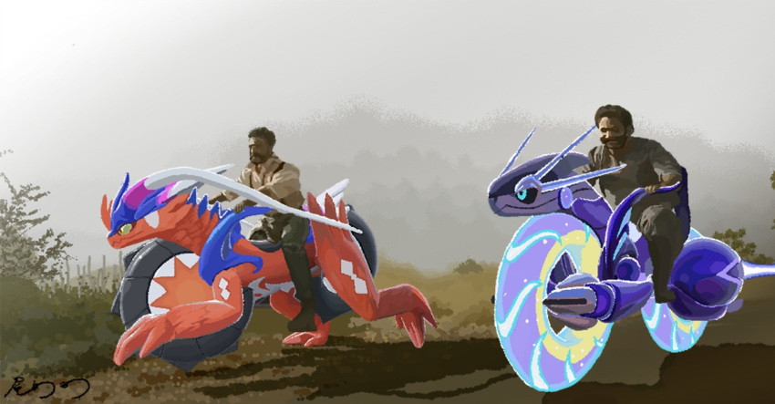 2boys, alluri_sitarama_raju, beard, brown_hair, commentary_request, crossover, day, dirt