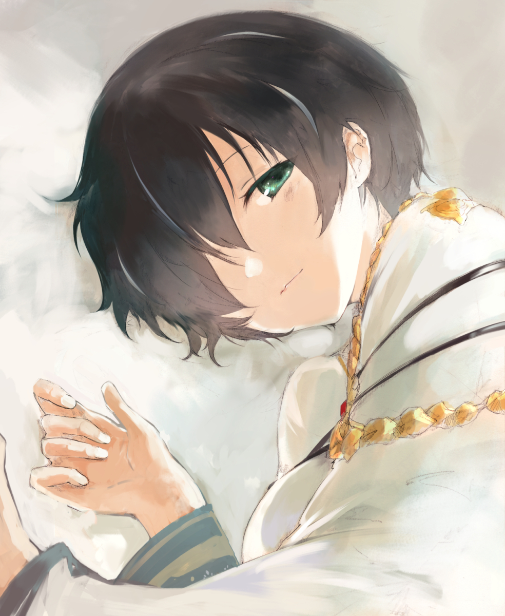 1girl, agulo, bed_sheet, black_hair, crook_mofus, dress, gold_necklace, green_eyes, hair_over_one_eye, highres, jewelry, long_sleeves, looking_at_viewer, lying, necklace, rance_(series), rance_quest, shirt, short_hair, smile, white_dress, white_shirt