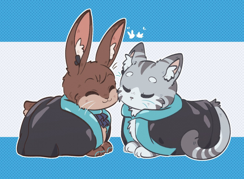 amiya_(arknights), animal, animal_ear_fluff, animalization, arknights, ascot, black_jacket, blue_ascot, cat, clothed_animal, commentary, english_commentary, gamma_(gaemms_chamois), jacket, rabbit, rosmontis_(arknights), short_eyebrows, thick_eyebrows