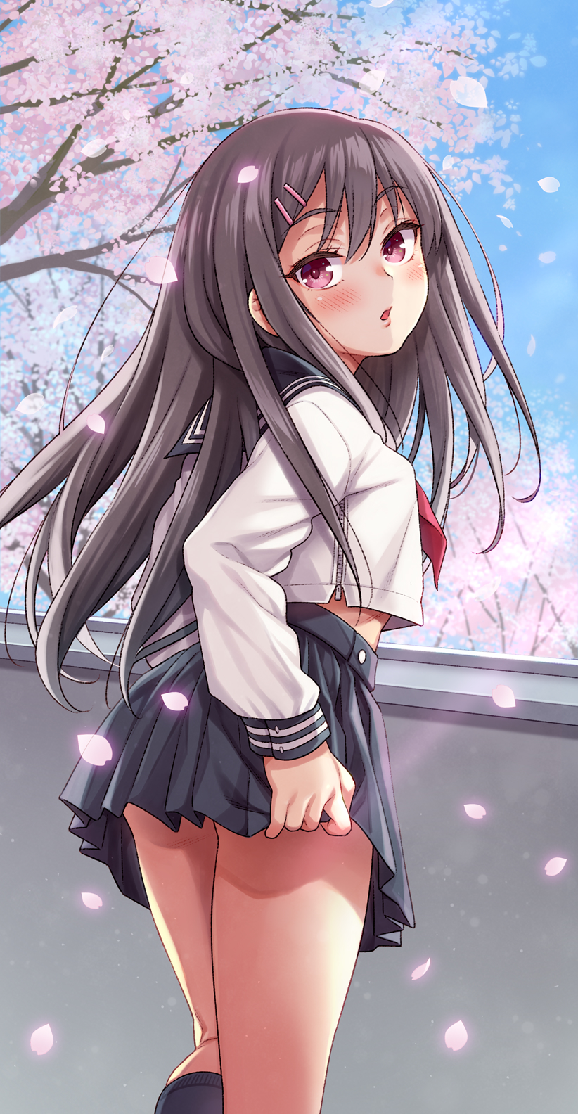 1girl, black_hair, blush, cherry_blossoms, hair_ornament, hairclip, highres, long_hair, long_sleeves, looking_at_viewer, midriff_peek, neckerchief, original, sailor_collar, school_uniform, serafuku, skirt, socks, solo_focus, uousa-ou, violet_eyes