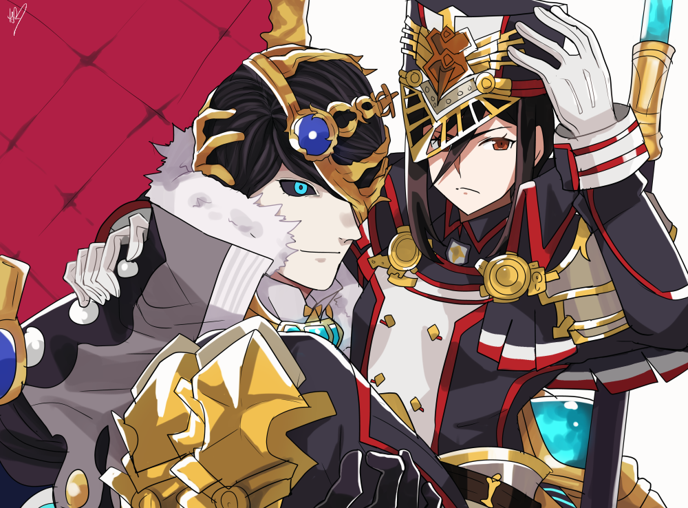 1boy, 1girl, armored_boots, bangs, black_coat, black_sclera, blue_eyes, boots