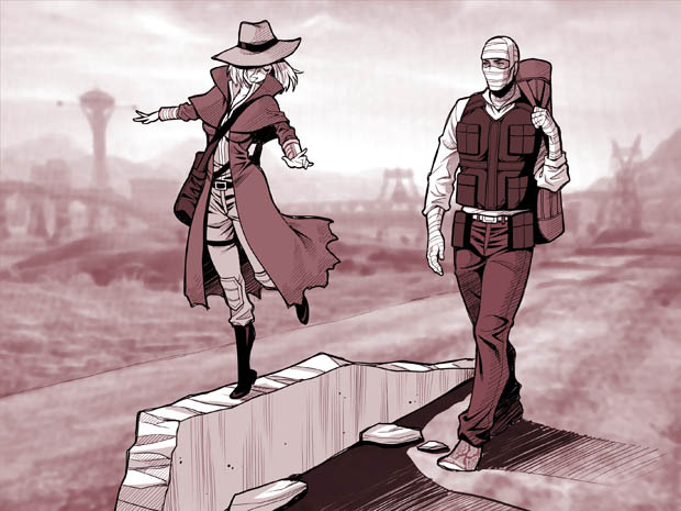 1boy, 1girl, bag, bandaged_hand, bandaged_head, bandages, bangs, belt