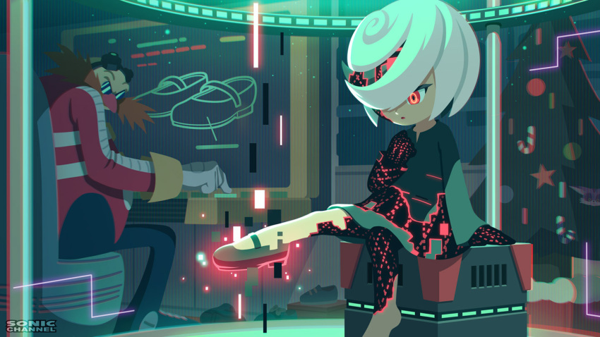1boy, 1girl, :o, artist_request, black_dress, black_footwear, christmas, christmas_present
