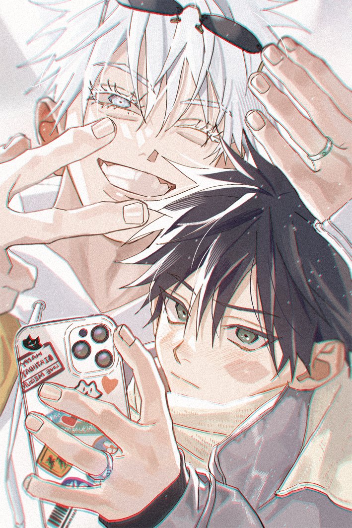 2boys, bangs, black_hair, blue_eyes, blush, cellphone, closed_mouth, eyewear_on_head