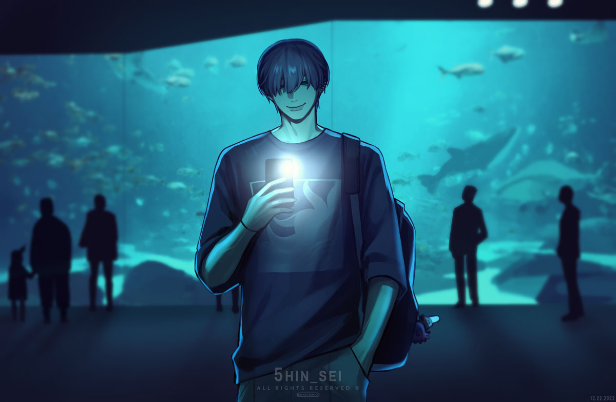 1boy, 5hin_sei, aquarium, artist_name, bag, bangs, black_hair, blue_theme, camera_flash, chainsaw_man, ear_piercing, extra, fish, grey_shirt, hair_over_eyes, hand_in_pocket, keychain, looking_at_viewer, mole, mole_under_mouth, multiple_piercings, phone, piercing, shirt, short_hair, shoulder_bag, smile, taking_picture, water, yoshida_hirofumi