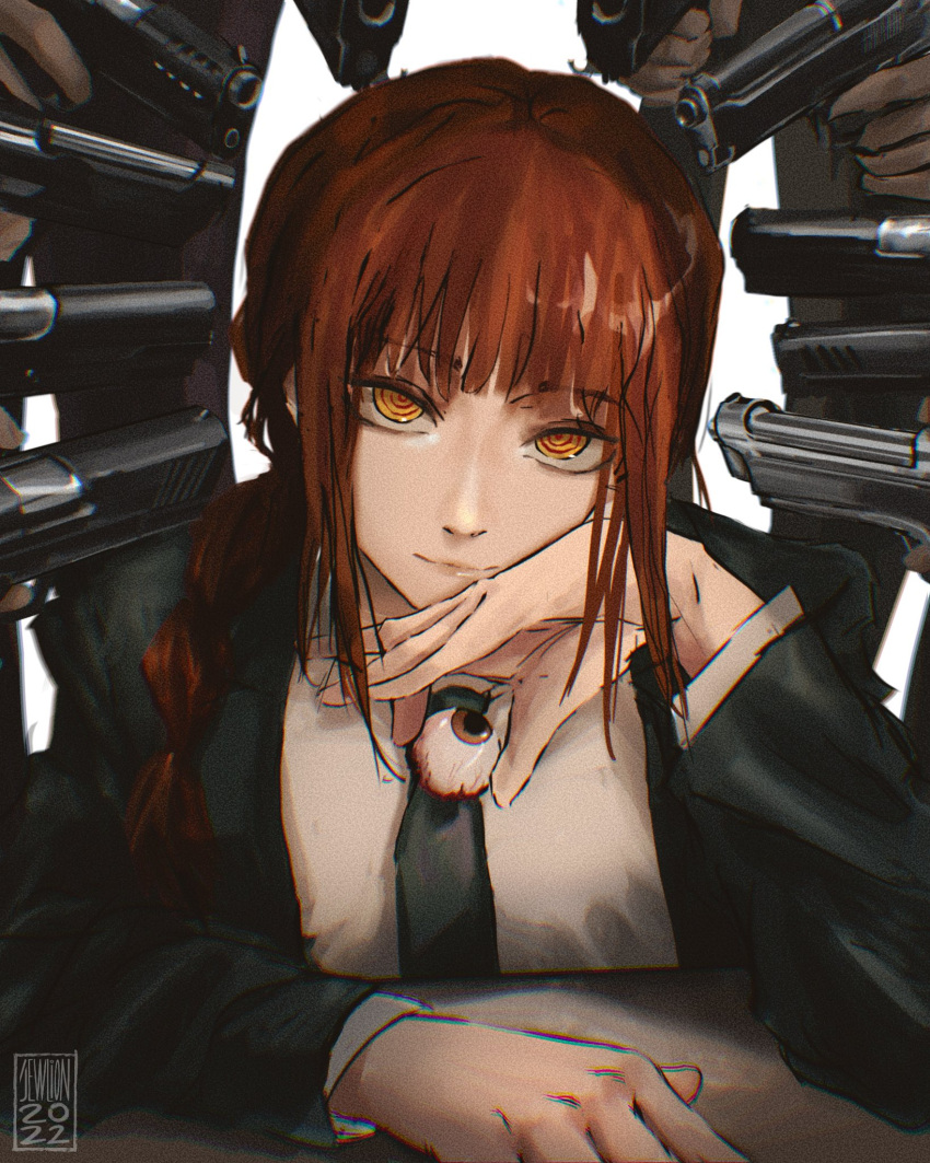 1girl, bangs, black_jacket, black_necktie, braid, braided_ponytail, chainsaw_man, collared_shirt