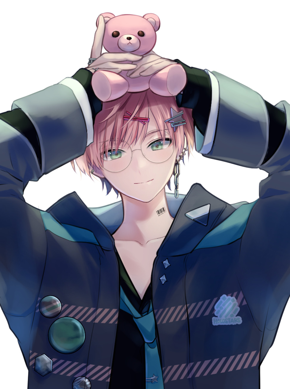 1boy, aqua_necktie, badge, bangs, barcode, barcode_tattoo, bespectacled, black_jacket, black_shirt, button_badge, chain_earrings, earrings, glasses, green_eyes, hair_ornament, hairclip, head_tilt, highres, holding, holding_stuffed_toy, holding_up, holostars, jacket, jewelry, looking_at_viewer, loose_necktie, luma8b, male_focus, mismatched_earrings, neck_tattoo, necktie, official_alternate_costume, open_clothes, open_collar, open_jacket, pink_hair, rikka_(holostars), ring, round_eyewear, shirt, short_hair, simple_background, sleeves_past_wrists, smile, solo, spanner_(holostars), star_(symbol), star_hair_ornament, stuffed_animal, stuffed_toy, tattoo, teddy_bear, tie_clip, upper_body, virtual_youtuber, white_background