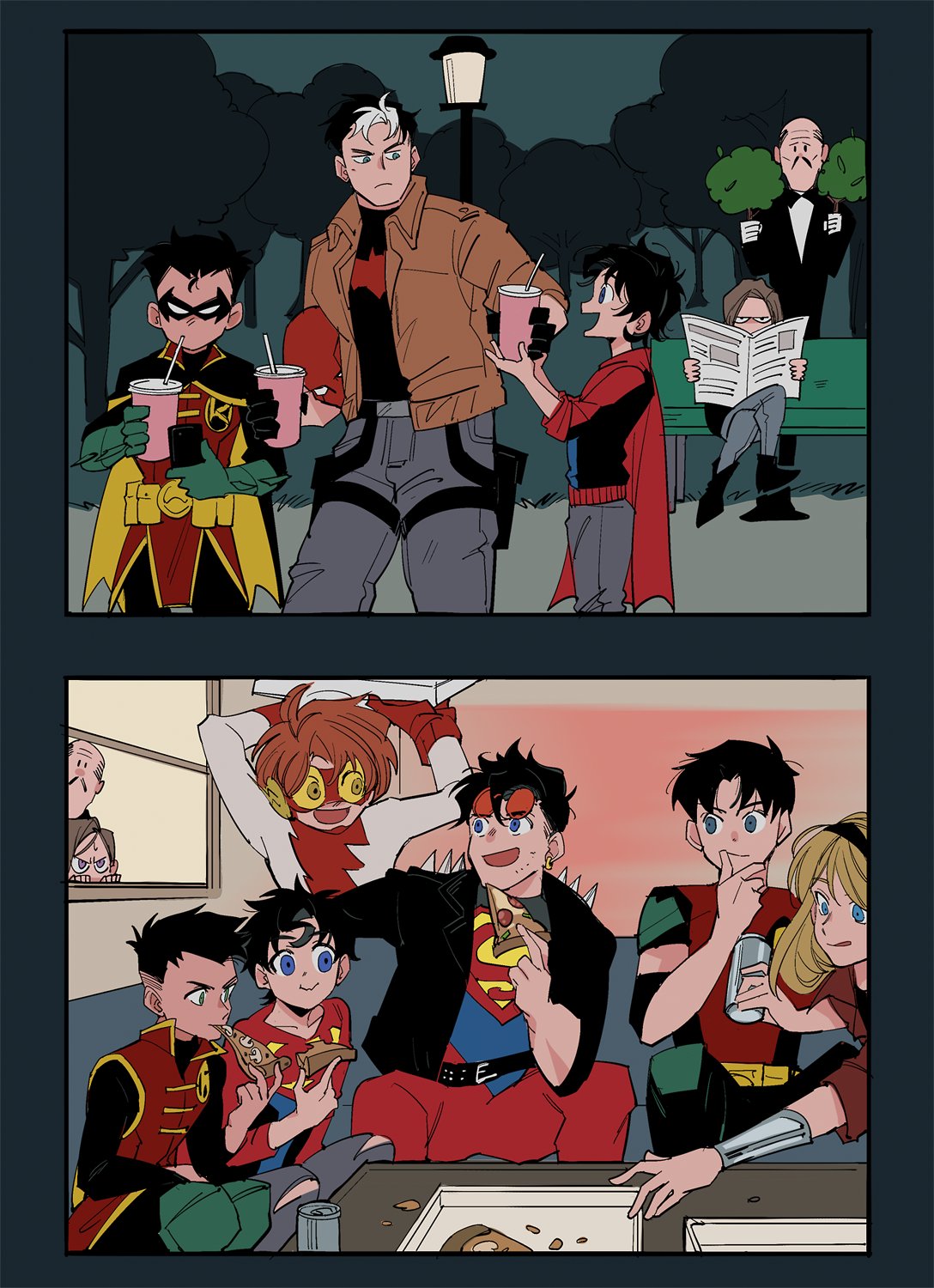 6+boys, alfred_pennyworth, animal_print, arm_behind_head, arms_up, bangs, bart_allen, bat_print, batman_(series), belt, belt_buckle, belt_pouch, bench, black_belt, black_footwear, black_hair, black_jacket, blonde_hair, blue_eyes, branch, brown_hair, brown_jacket, buckle, can, cape, cassie_sandsmark, closed_mouth, conner_kent, couch, crossed_legs, cup, damian_wayne, dc_comics, denim, drinking, drinking_straw, eating, emblem, eye_mask, facial_hair, finger_to_mouth, food, frown, hair_between_eyes, hands_up, highres, hokkemaruyaki, holding, holding_branch, holding_cup, holding_food, holding_newspaper, holding_phone, impulse, indoors, jacket, jason_todd, jeans, jonathan_kent, kon-el, lois_lane, long_sleeves, looking_at_another, male_focus, milkshake, multicolored_hair, multiple_boys, multiple_girls, mustache, newspaper, open_clothes, open_jacket, open_mouth, orange_hair, outdoors, outstretched_arm, pants, park_bench, parted_bangs, peeking, phone, pizza, pizza_box, pouch, red_cape, red_hood_(dc), red_mask, red_pants, red_shirt, robin_(dc), shirt, short_hair, short_sleeves, sitting, sleeves_rolled_up, smile, standing, streaked_hair, super_sons, superboy, superhero, superman_(series), thigh_strap, tim_drake, tinted_eyewear, two-tone_hair, white_hair, window, wonder_girl, yellow-tinted_eyewear, young_justice