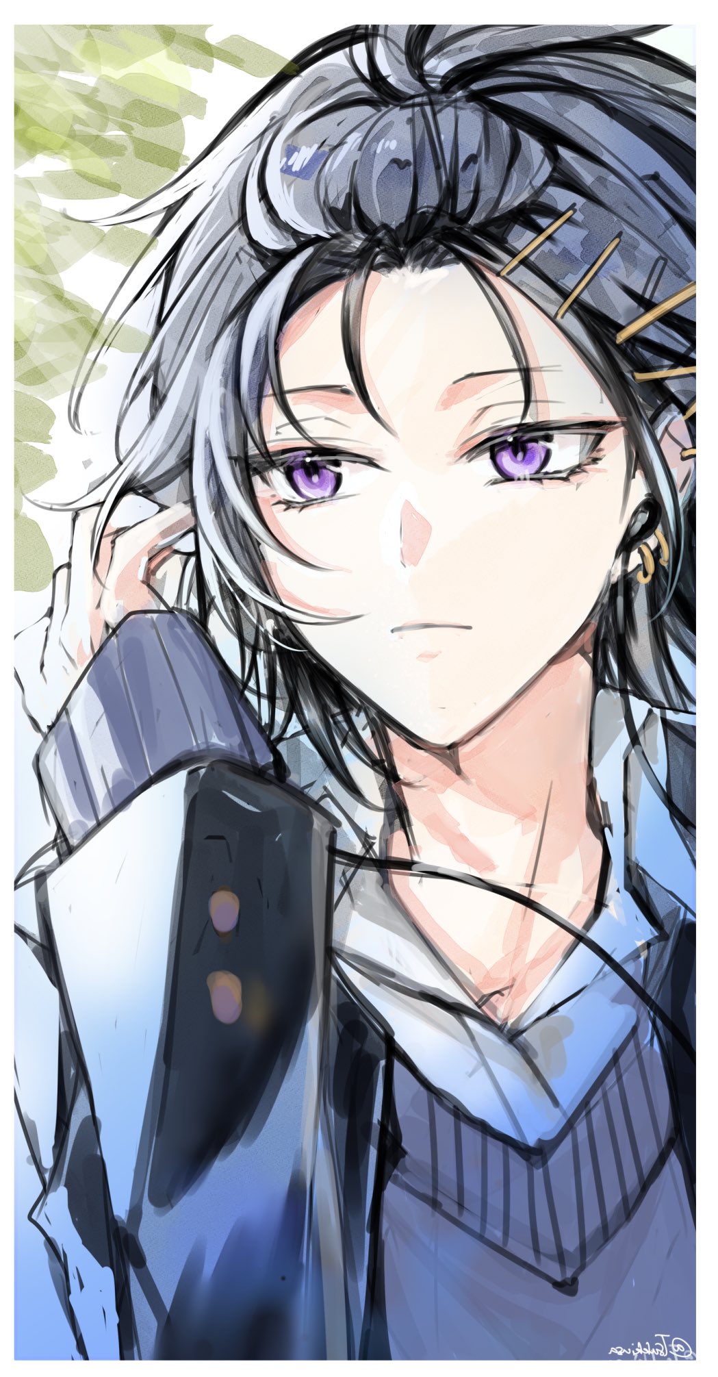 1boy, bangs_pinned_back, black_hair, black_jacket, border, closed_mouth, earphones, earrings