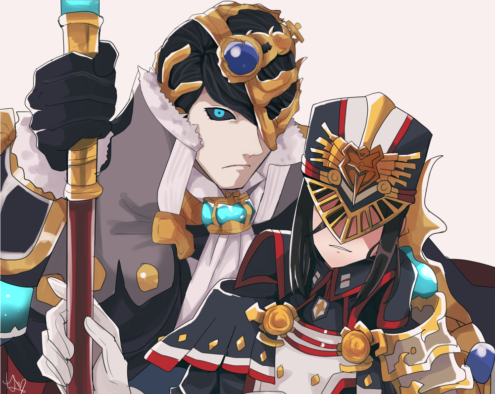 1boy, 1girl, :d, black_coat, black_gloves, black_sclera, blue_eyes, brown_hair