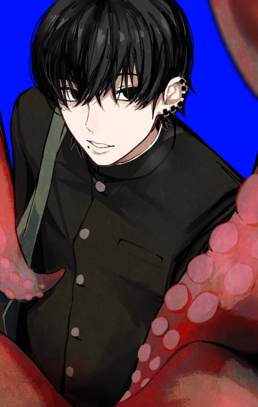 1boy, bag, bangs, black_hair, black_jacket, blue_background, chainsaw_man, gakuran