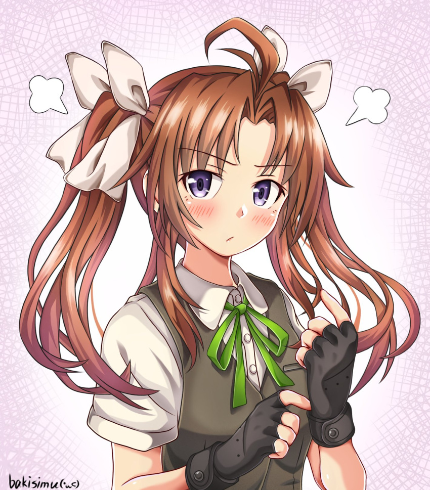 1girl, artist_name, black_gloves, blush, brown_hair, fingerless_gloves, frown, gloves