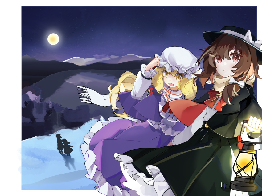 2girls, :/, :d, absurdres, arumi_zzz, bell, black_capelet, black_headwear