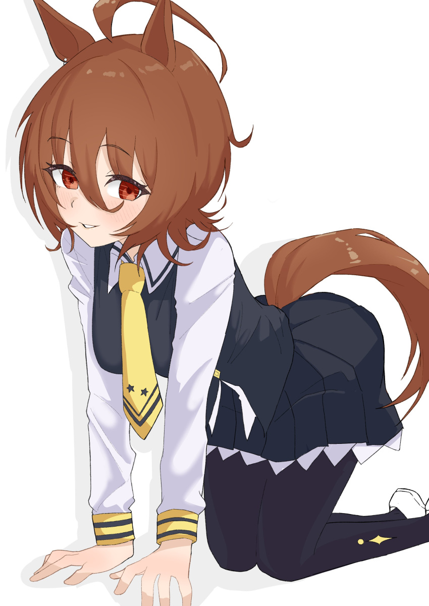 1girl, absurdres, agnes_tachyon_(umamusume), ahoge, all_fours, animal_ears, black_pantyhose, black_skirt