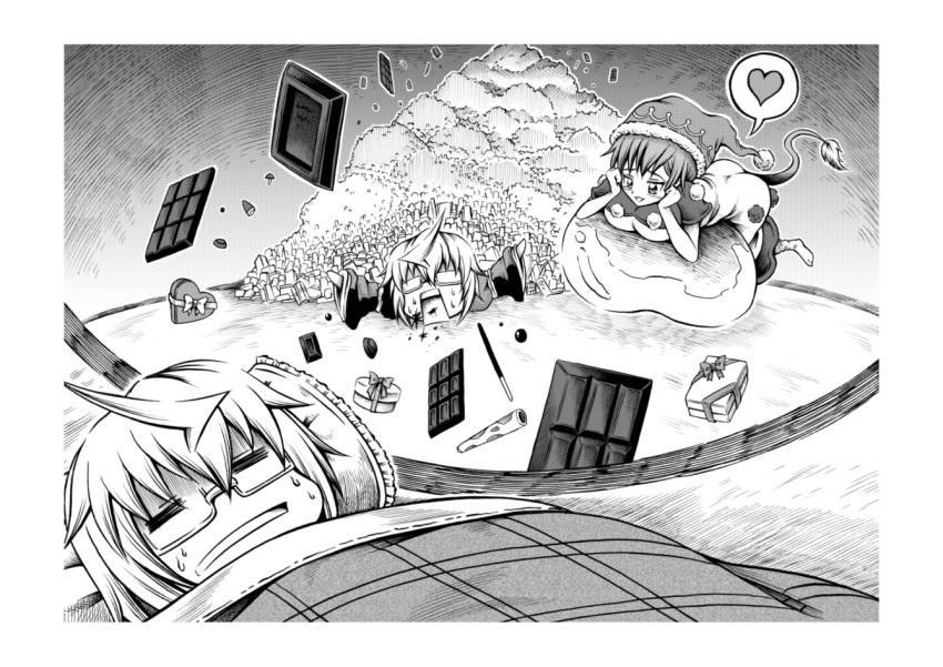 1boy, 1girl, =_=, ahoge, blanket, chocolate, commentary_request, doremy_sweet