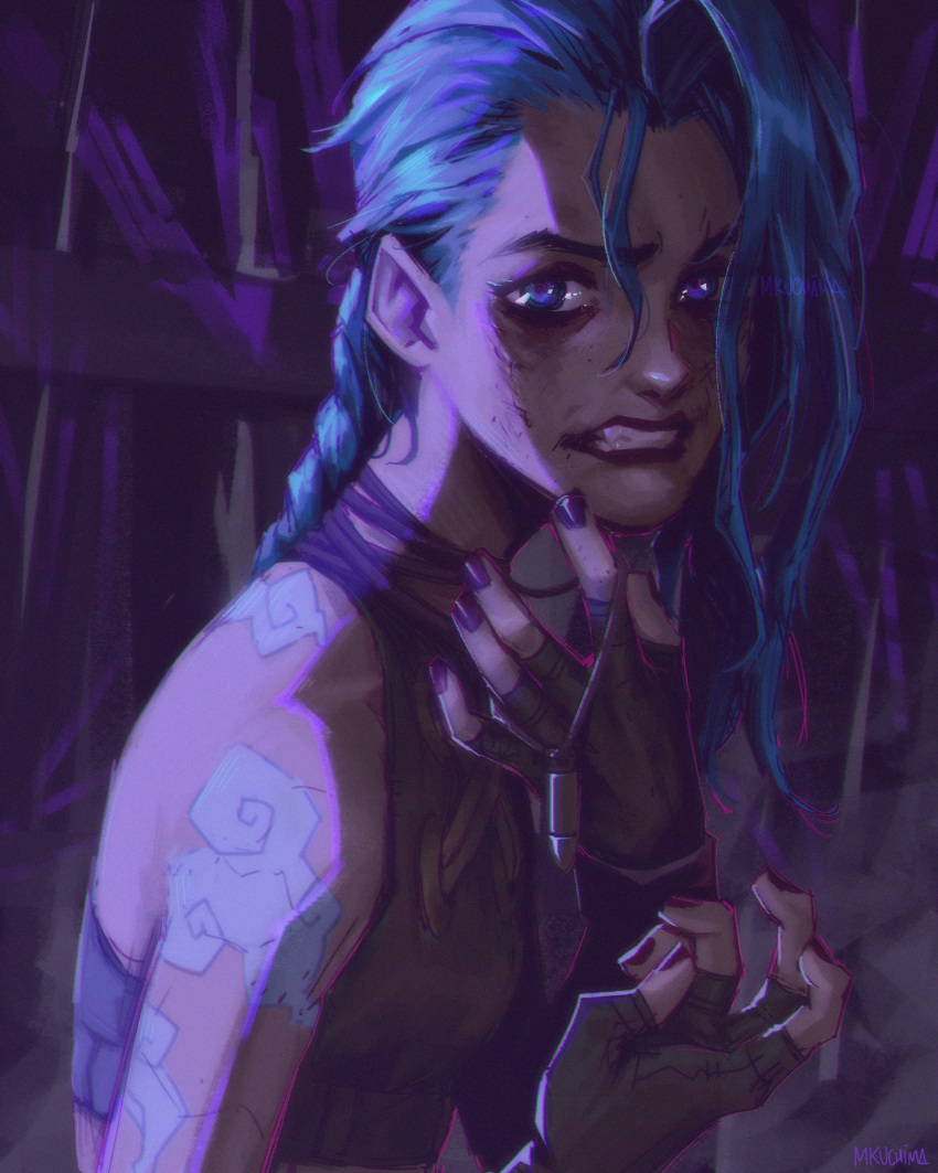 1girl, absurdres, arcane:_league_of_legends, arcane_jinx, arm_tattoo, artist_name, bangs, bare_shoulders, blue_eyes, braid, breasts, brown_gloves, brown_shirt, crop_top, fingerless_gloves, gloves, green_hair, highres, jinx_(league_of_legends), kenji_uchima, league_of_legends, long_hair, nail_polish, purple_nails, red_lips, shiny, shiny_hair, shirt, small_breasts, solo, tattoo, teeth, upper_body