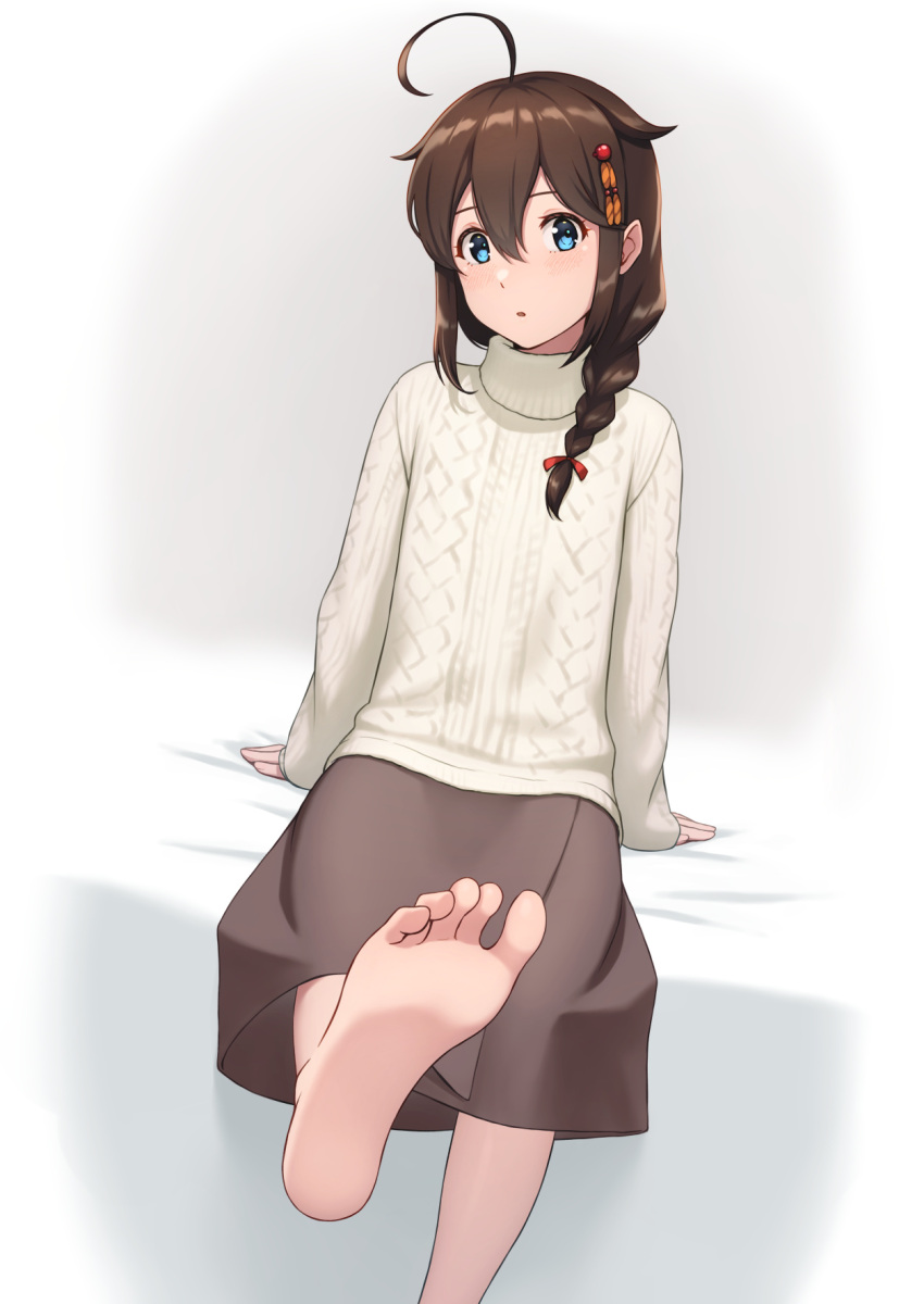 1girl, ahoge, alternate_costume, barefoot, black_hair, blue_eyes, braid, commentary_request, feet_out_of_frame, grey_skirt, hair_flaps, hair_ornament, hair_over_shoulder, highres, kantai_collection, long_hair, porupurucha, shigure_(kancolle), shigure_kai_ni_(kancolle), single_braid, sitting, skirt, soles, solo, sweater, white_sweater