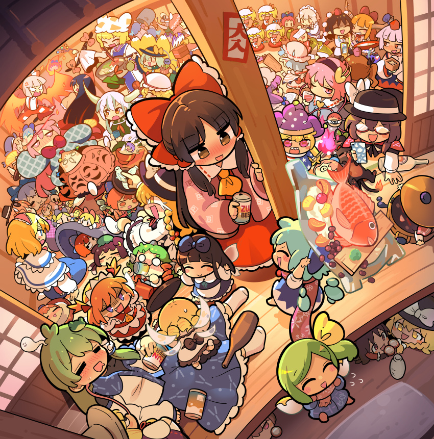 6+girls, absurdres, alcohol, alice_margatroid, anger_vein, animal, animal_ears, animal_hat