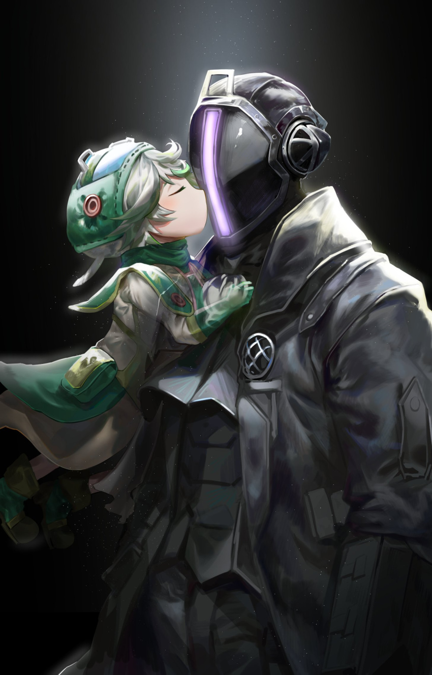 1boy, 1girl, bangs, black_background, black_gloves, black_suit, blush, bondrewd